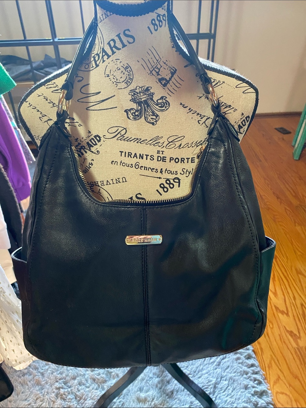 Cole Haan Black pebble Leather Shoulder Bag with Gold-Tone Accents